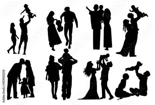 clipart collection silhouette bride groom momy, dady, and kid happy family vector silhouette