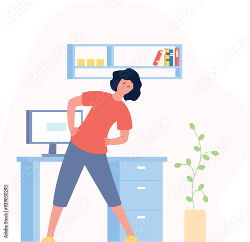 Stretching at workplace illustration. Woman exercise