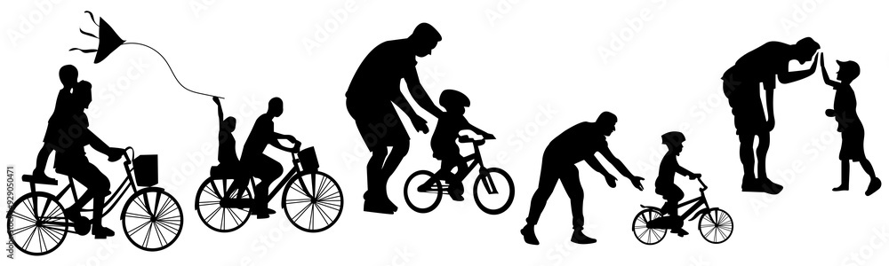 Fototapeta premium cute father and son silhouette, father and son learning to ride a bicycle, father day vector clipart collection illustration
