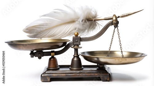 Old-fashioned balance scale tips precariously to one side, with heavy weights on the lower dish and a single feather on the upper dish. photo