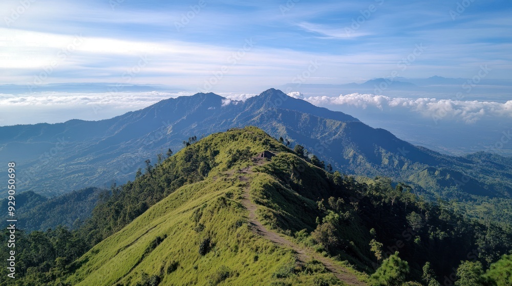 Mountain Ridge Path with Blue Sky and Clouds Mountain Ridge Path with Blue Sky and Clouds