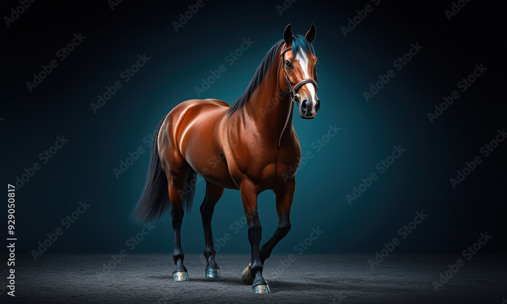 Majestic horse standing gracefully against a dark background, showcasing its strong physique and elegant posture. Majestic horse standing gracefully against a dark background, showcasing its strong physique and elegant posture.
