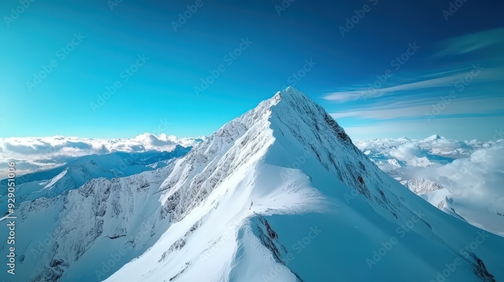 Obraz premium Majestic mountain peak draped in snow under a clear blue sky, showcasing nature's stunning beauty and grandeur.