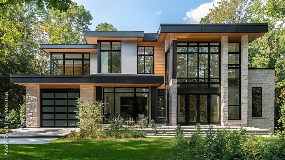 modern home fasade with french black alluminum doors, big windows, minimalist. copy space for text. modern home fasade with french black alluminum doors, big windows, minimalist. copy space for text.