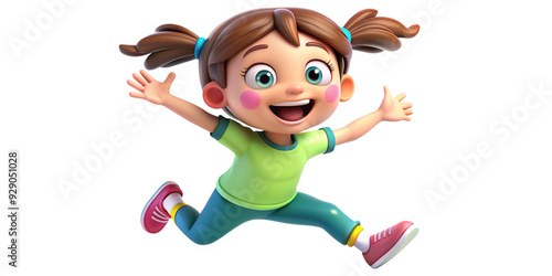 Happy smile laughing jumping playing running cartoon character girl kid child teen person in 3d style design on white background. Human people feelings expression concept