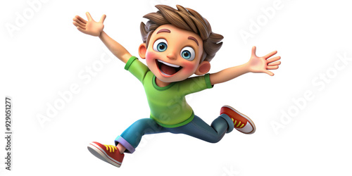 Happy smile laughing jumping playing running cartoon character girl kid child teen person in 3d style design on white background. Human people feelings expression concept