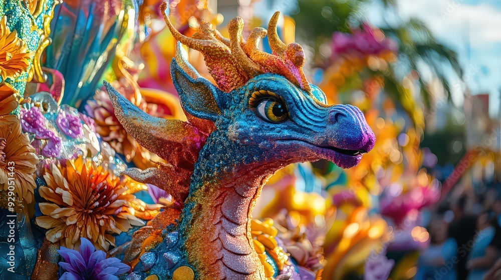 Fototapeta premium close-up of a dragon-themed parade float with vibrant colors and intricate details, part of a cultural festival.