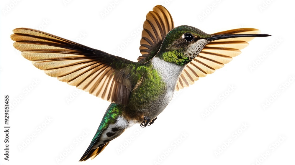 Obraz premium Top view of a hummingbird in mid-flight with wings spread wide, leaving ample copy space