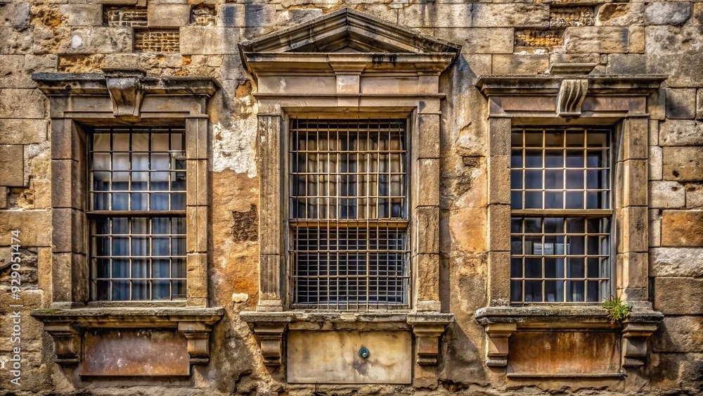 Old, worn, stone building facade with intricate window details and rough, weathered texture, showcasing architectural history and subtle pattern variations. Old, worn, stone building facade with intricate window details and rough, weathered texture, showcasing architectural history and subtle pattern variations.