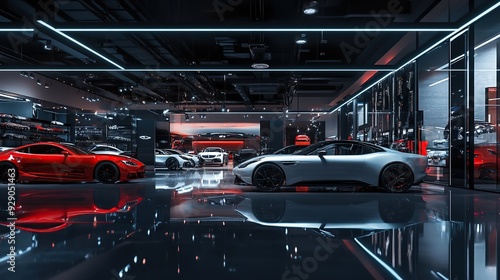 New car store at night, showroom with modern cars, dealership with led lights reflections. copy space for text.
