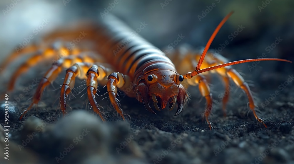 A close-up shot of a brown centipede on a dark background. The centipede is facing the camera, with its long legs visible. The background is blurry. A close-up shot of a brown centipede on a dark background. The centipede is facing the camera, with its long legs visible. The background is blurry.