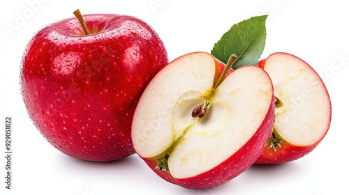 A shiny red apple, whole and sliced to display its crisp white flesh, isolated on a white background, emphasizing its export quality