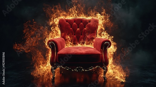 red velvet chair with golden elements. Burning flames on the black background, hot seat concept. copy space.