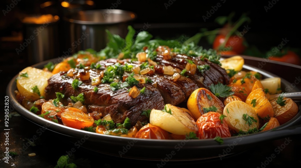 delicious pot roast meat with black and blur background delicious pot roast meat with black and blur background