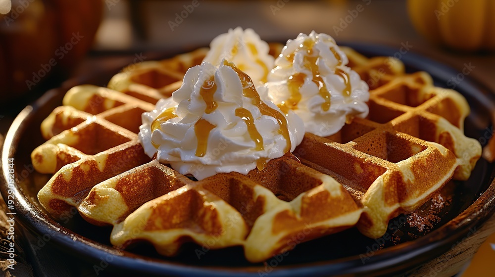 tray of golden pumpkin spice waffles, perfectly crisp and topped with dollops of whipped cream and drizzles of syrup. copy space for text. tray of golden pumpkin spice waffles, perfectly crisp and topped with dollops of whipped cream and drizzles of syrup. copy space for text.