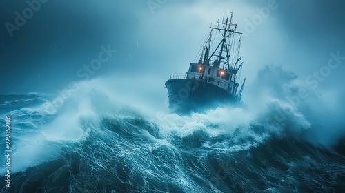 dramatic scene of a ship struggling against the violent sea during a storm, with massive waves crashing over the vessel and the storm raging around it.