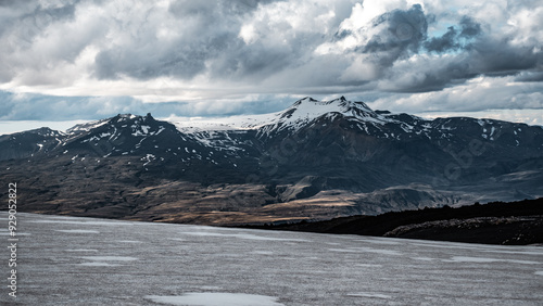 Snow-capped mountains on the Fimmvörðuháls trail in Iceland.