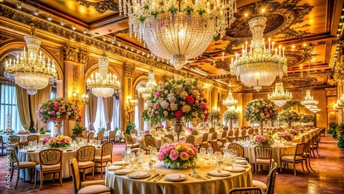 Opulent grand ballroom with crystal chandeliers, lavish floral arrangements, and ornate golden accents sets the stage for an extravagant and unforgettable wedding celebration. photo