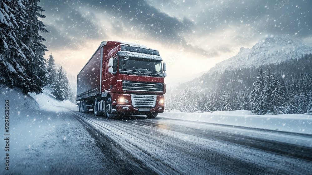 Truck on winter road with snow, snowstorm. copy space for text. Truck on winter road with snow, snowstorm. copy space for text.