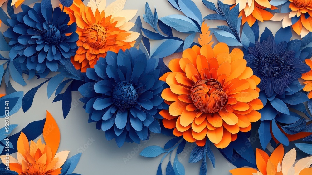 A vibrant arrangement of paper flowers in blue and orange hues, showcasing artistic design. A vibrant arrangement of paper flowers in blue and orange hues, showcasing artistic design.