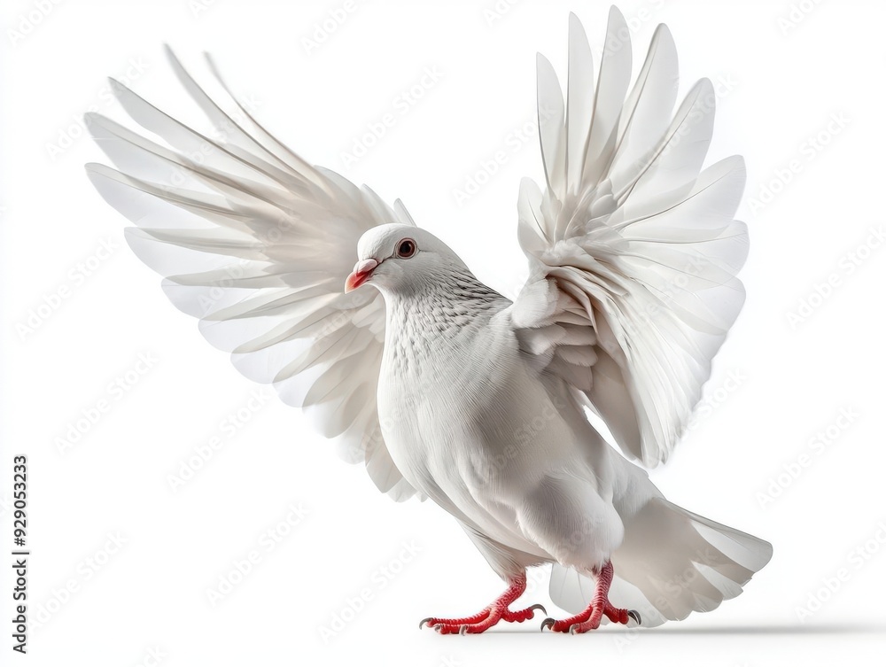 Obraz premium A graceful white dove with wings spread wide, symbolizing peace and freedom in a serene setting.