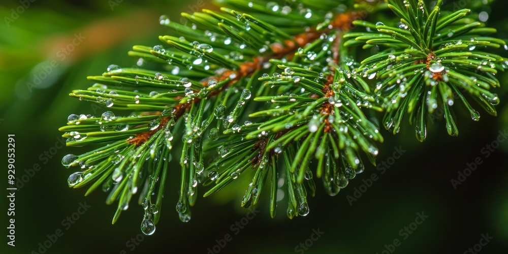 A detailed closeup of a pine branch adorned with glistening dew drops, showcasing natures beauty and freshness A detailed closeup of a pine branch adorned with glistening dew drops, showcasing natures beauty and freshness