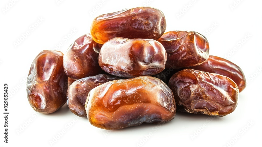 A selection of premium dates, with a rich, glossy finish, isolated on a white background, highlighting their export quality A selection of premium dates, with a rich, glossy finish, isolated on a white background, highlighting their export quality