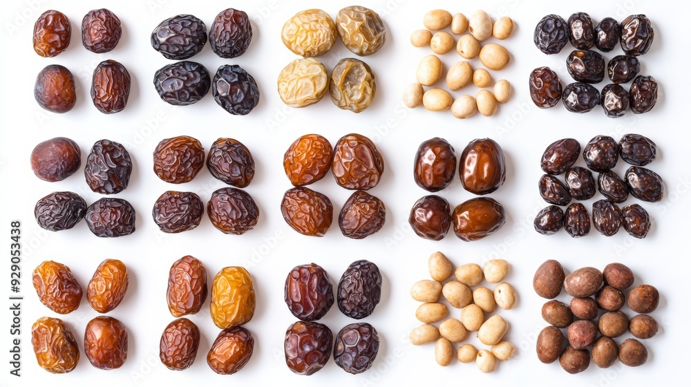 A selection of premium dates, arranged beautifully and isolated on a white background, highlighting their rich texture and export quality A selection of premium dates, arranged beautifully and isolated on a white background, highlighting their rich texture and export quality