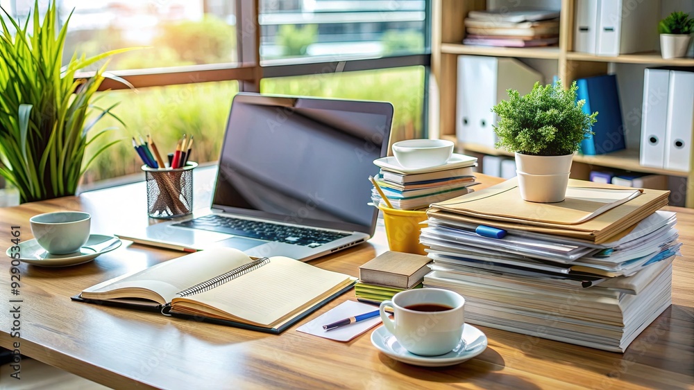 Organized desk with laptop, notebooks, and scattered documents, highlighting a busy and focused research process with piles of paperwork and office supplies nearby.