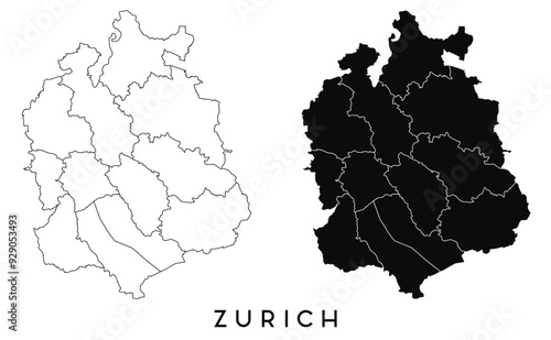Zurich map of regions districts vector black on white and outline