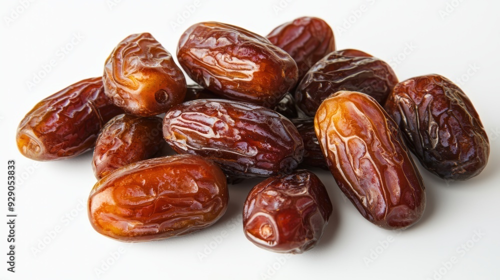 A selection of fresh dates, rich brown and glossy, arranged on a white background A selection of fresh dates, rich brown and glossy, arranged on a white background