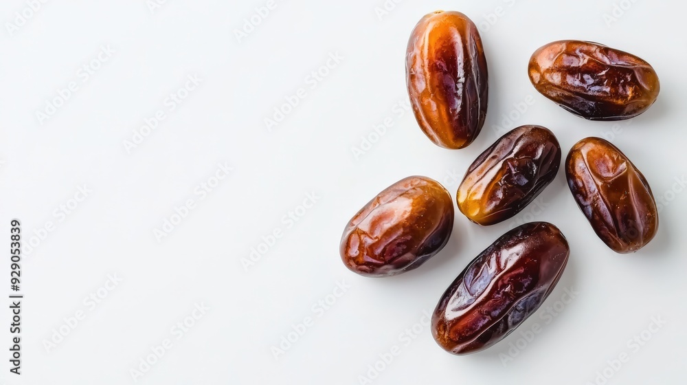 A selection of fresh dates, rich brown and glossy, arranged on a white background A selection of fresh dates, rich brown and glossy, arranged on a white background