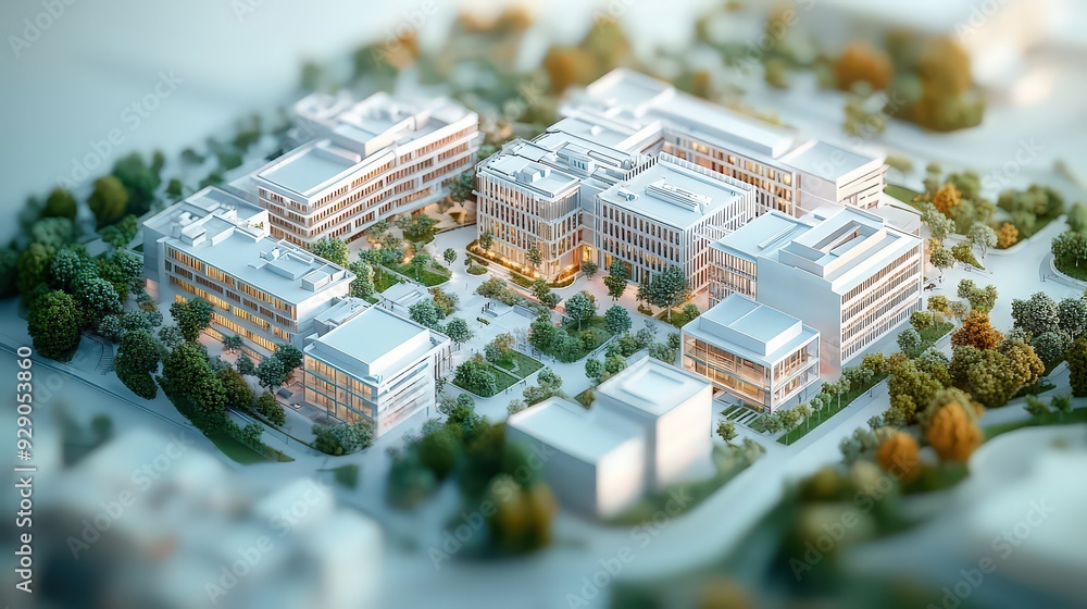 Obraz premium Aerial view of a modern building complex surrounded by trees, with a focus on clean, white structures.
