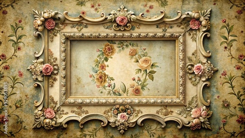 Ornate, distressed frame with floral patterns and intricate details surrounds a blank, worn, and faded area, evoking a sense of nostalgia and aged elegance.