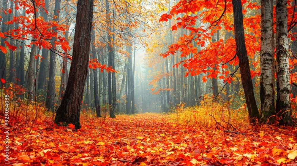 A scenic autumn forest with vibrant foliage in red, orange, and yellow, leaves scattered across the forest floor A scenic autumn forest with vibrant foliage in red, orange, and yellow, leaves scattered across the forest floor