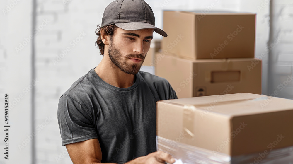 A relocation company worker is packing things into boxes for a customer. Logistics company, transportation of things and goods. A relocation company worker is packing things into boxes for a customer. Logistics company, transportation of things and goods.