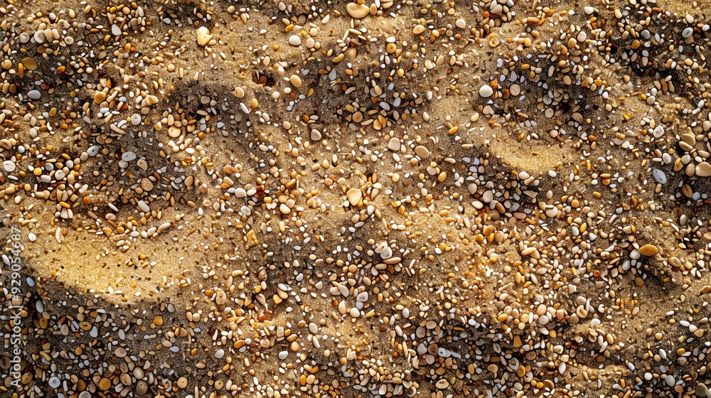 Close-up view of textured sand with scattered pebbles, capturing the natural beauty and detail of a beach environment. Close-up view of textured sand with scattered pebbles, capturing the natural beauty and detail of a beach environment.
