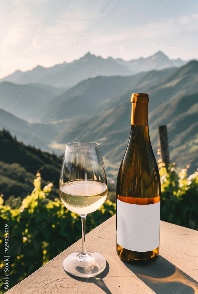 Bottle of wine with a blank mock-up label on a wooden outdoor table overlooking the mountains. Bottle of wine with a blank mock-up label on a wooden outdoor table overlooking the mountains.