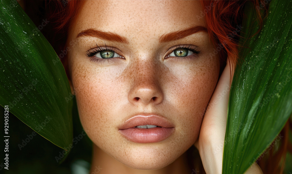 Young Woman Model with Red Hair and Freckles Posing in Green Jungle Leaves: Close-Up Detail Young Woman Model with Red Hair and Freckles Posing in Green Jungle Leaves: Close-Up Detail