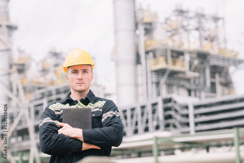 A construction man worker in safety gear uses a tablet. The scene petroleum factory. the integration of technology in modern construction. the role of digital tools in efficiency and accuracy on site. A construction man worker in safety gear uses a tablet. The scene petroleum factory. the integration of technology in modern construction. the role of digital tools in efficiency and accuracy on site.
