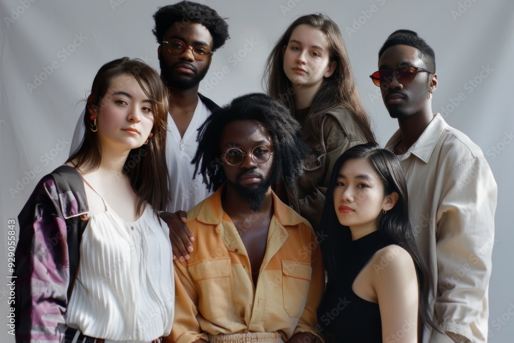 Obraz premium A diverse group of young individuals poses confidently, embodying modern style and solidarity, with each expressing unique fashion and personality against a minimalist gray backdrop.