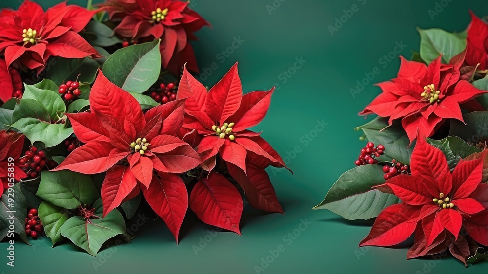 Green background with red poinsettias, Christmas flowers. Green background with red poinsettias, Christmas flowers.