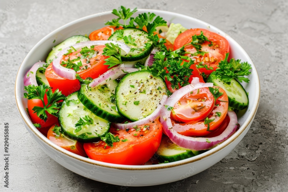 A fresh vegetable salad with sliced tomatoes, cucumbers, red onions, and sprigs of parsley, in a white bowl on a marble surface. A fresh vegetable salad with sliced tomatoes, cucumbers, red onions, and sprigs of parsley, in a white bowl on a marble surface.