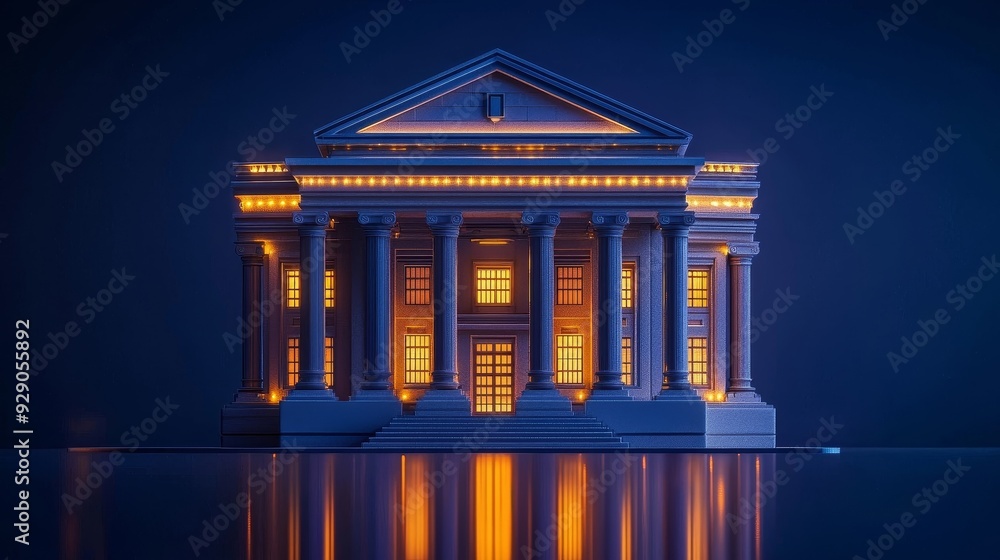 Obraz premium A beautifully lit miniature 3D bank building building showcasing classical architecture with vibrant reflections in a dark setting.