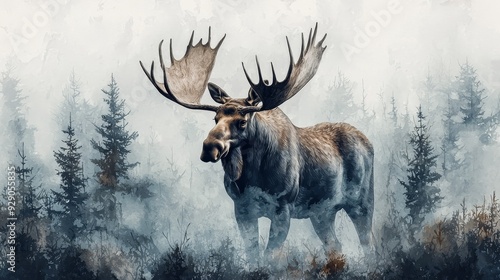 Watercolor moose with massive antlers, standing in a misty forest.