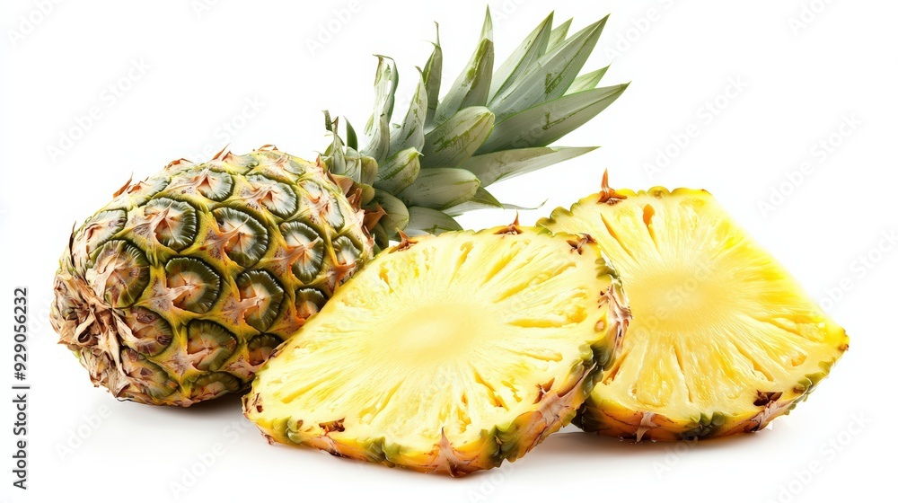 A ripe pineapple, export-quality, with slices arranged to highlight its juicy interior, isolated on white A ripe pineapple, export-quality, with slices arranged to highlight its juicy interior, isolated on white
