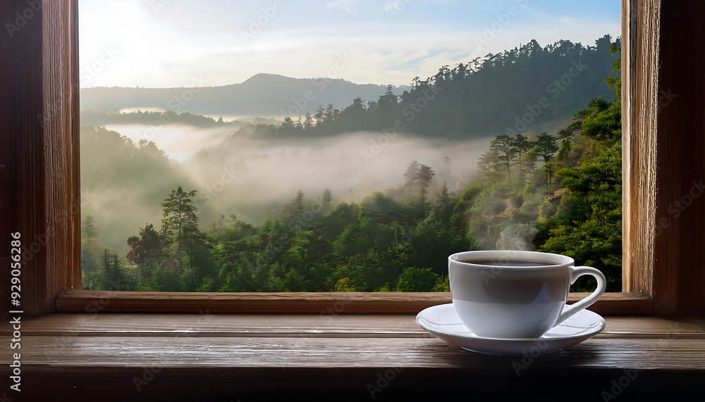 cup coffee resting window sill breathtaking view misty forest background cup coffee resting window sill breathtaking view misty forest background