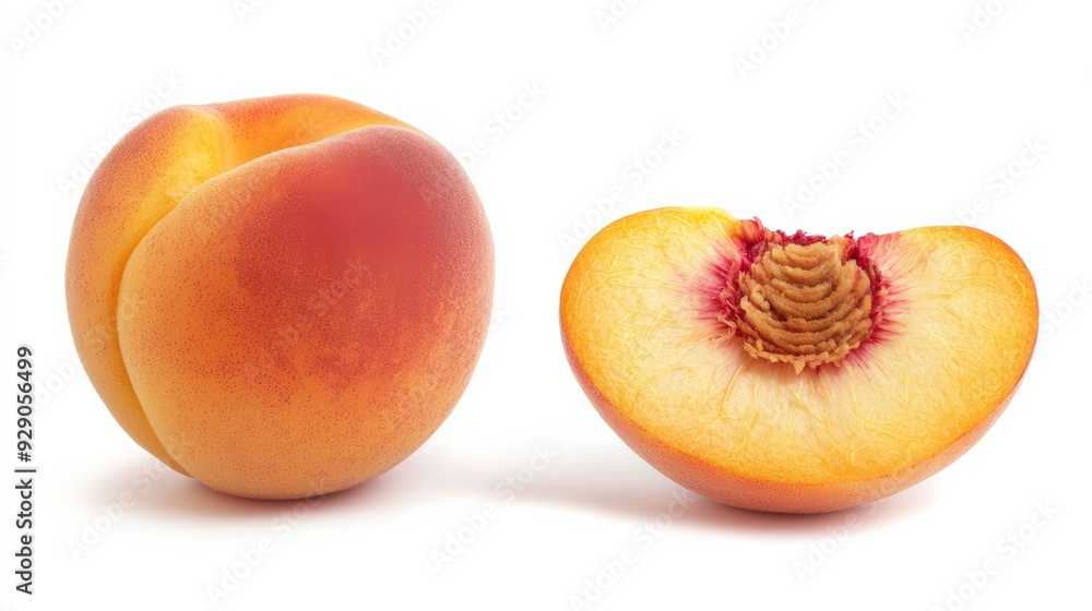 A ripe peach, with its fuzzy skin and juicy orange flesh, whole and sliced, isolated on a white background A ripe peach, with its fuzzy skin and juicy orange flesh, whole and sliced, isolated on a white background