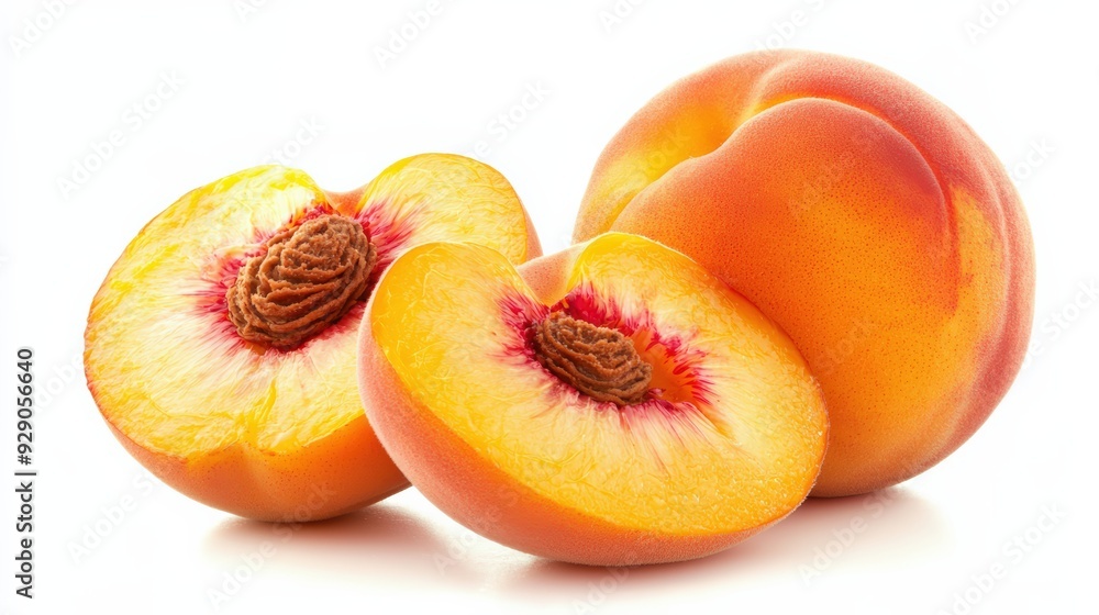 A ripe peach, whole and sliced to reveal the juicy orange flesh, isolated on a white background A ripe peach, whole and sliced to reveal the juicy orange flesh, isolated on a white background