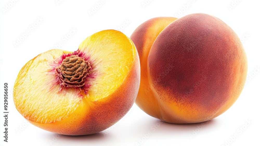 A ripe peach, whole and sliced to reveal the juicy orange flesh, isolated on a white background A ripe peach, whole and sliced to reveal the juicy orange flesh, isolated on a white background